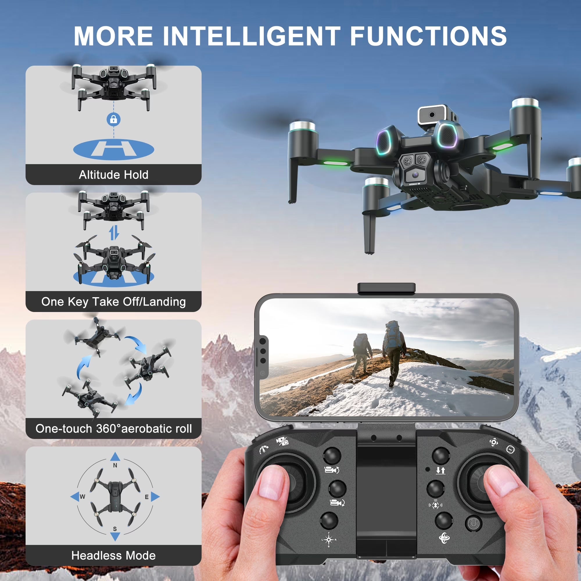 Mini Drone for Kids 8-12, CS15 Foldable Drones with HD Camera, Headless Mode, LED Lights, 2 Batteries, Black
