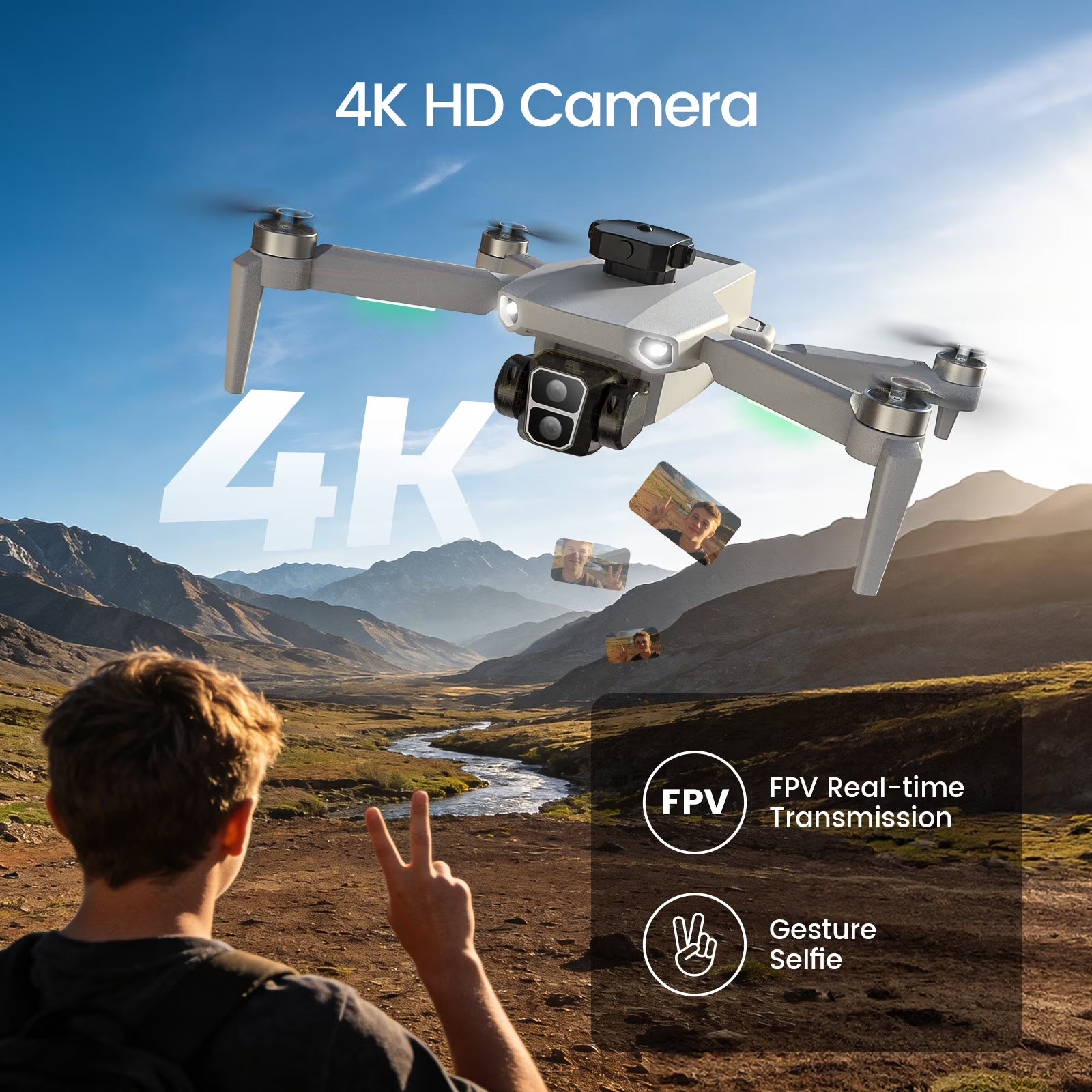 Foldable Drone Built-In LCD Screen on Remote,  L106 GPS Drones with Camera for Adults 4K, Lightweight, under 249G, 2 Batteries, Gray