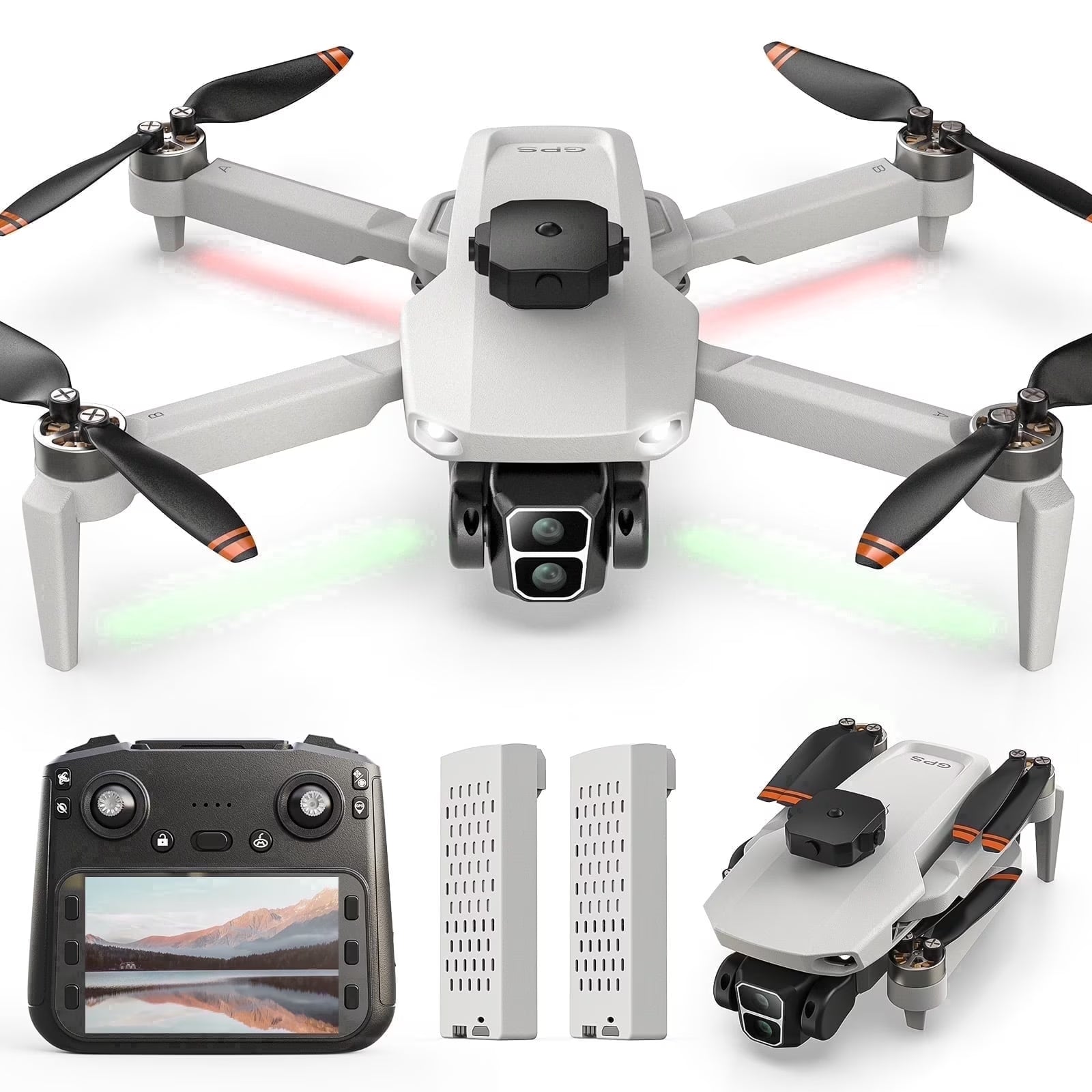 Foldable Drone Built-In LCD Screen on Remote,  L106 GPS Drones with Camera for Adults 4K, Lightweight, under 249G, 2 Batteries, Gray